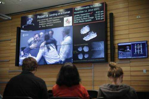 Astronomers watch broadcast from the Rosetta mission during a landing viewing party November 12, 2014 at University of Maryland 