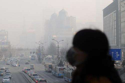 A woman wearing a face mask walks on an overpass in Beijing on January 16, 2014