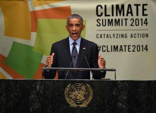 Barack Obama speaks during the opening session of the Climate Change Summit at the United Nations in New York on September 23, 2