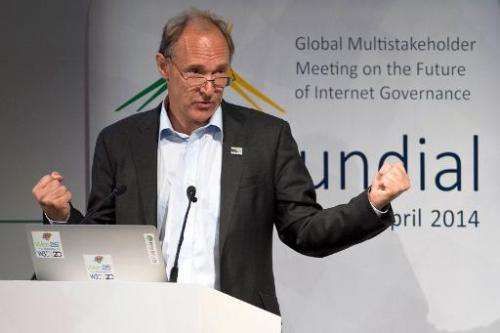 British computer scientist Tim Berners-Lee delivers a speech during the opening ceremony of the &quot;NETmundial  Global Multis
