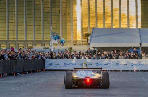 Formula E's new fully-electric race car, the Spark-Renault SRT_01E,  is test driven around the Mandalay Bay Resort &amp; Casino 