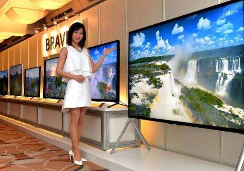 Japanese electronics giant Sony's 4K 85-inch sized Bravia X9500B television and new line-up of 4K television sets, pictured in T