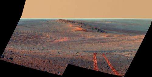 Mars rover Opportunity's vista includes long tracks