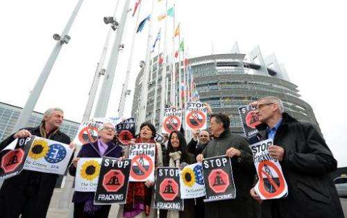 Members of the Greens/European Free Alliance group hold banners reading &quot;stop fracking&quot; before a vote in a plenary ses