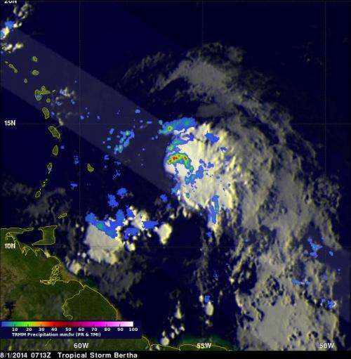 NASA finds heavy rainfall and wind shear in newborn Tropical Storm Bertha