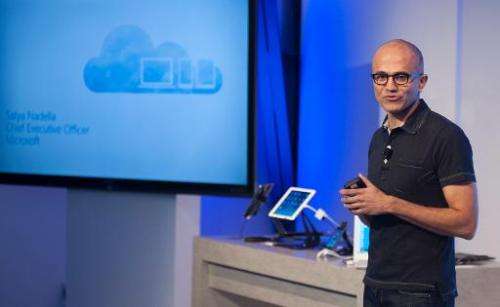 Satya Nadella, CEO of Microsoft, speaks at a media event in San Francisco, California on March 27, 2014