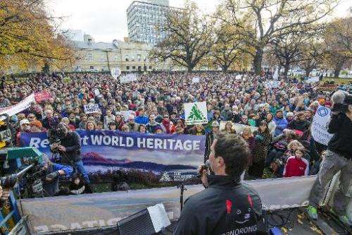 Some 5,000 Tasmanians rally to oppose the delisting of Tasmania's World Heritage forests in Hobart, June 14, 2014