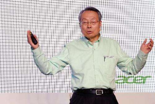 Stan Shih, founder of Taiwan's Acer, speaks during the launch of their latest technology Build Your Own Cloud in northern Taoyua