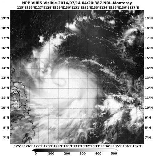 Suomi NPP satellite sees Typhoon Rammasun approaching Philippines