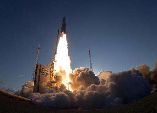The launch of an Ariane-5 rocket, carrying two telecommunication satellites from Kourou space base in the French Guiana on Augus