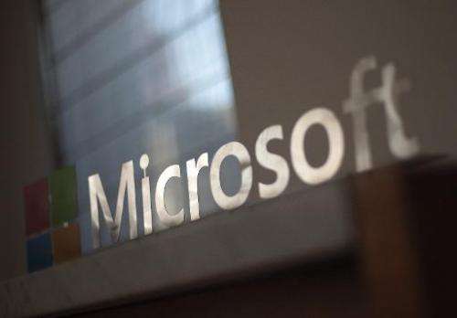 The Microsoft logo is seen before the start of a media event in San Francisco, California on Thursday, March 27, 2014