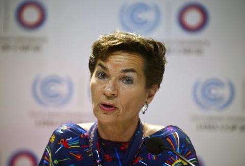 UNFCCC Executive Secretary Christina Figueres speaks during a press conference at the COP20 in Lima on December 1, 2014