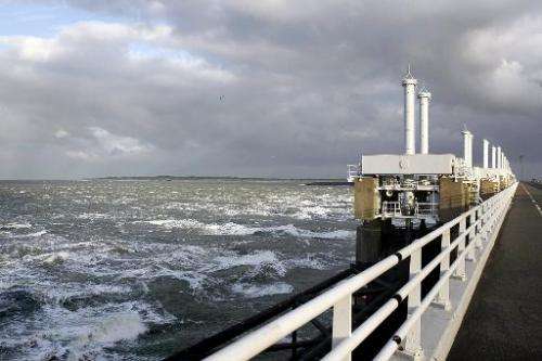 A photo taken on Decmber 6, 2013 shows high water at the Eastern Scheldt storm surge barrier in Oosterschelde