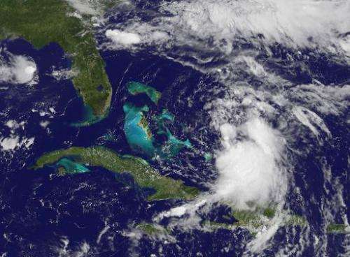 Tropical Storm Cristobal(lower right)form near the Bahamas on August 24, 2014