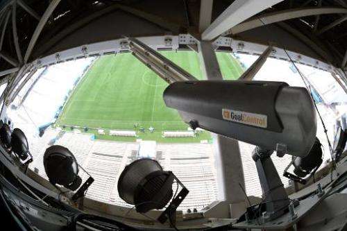 A picture taken on June 11, 2014 in Sao Paulo shows a GoalControl camera at the Arena Corinthians Stadium, on the eve of the ope