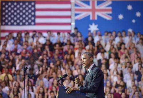 US President Barack Obama speaks at the University of Queensland on the sidelines of the G20 Summit in Brisbane on November 15, 