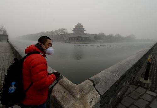 A Chinese tourist wears a face mask beside the Forbidden City as heavy air pollution continues to shroud Beijing on February 26,