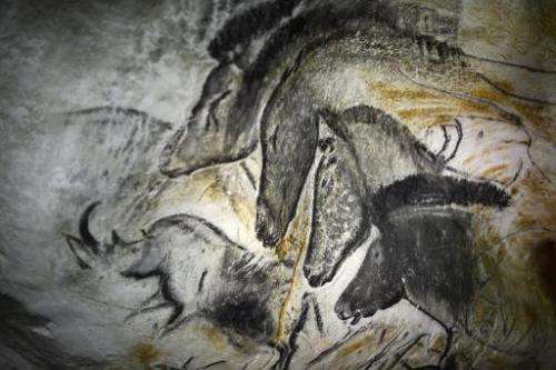 A picture taken on October 12, 2012 in Vallon-Pont-d'Arc of a prototype of painting of the facsimile of the Chauvet cave, which 