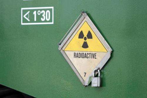 File picture shows a radioactivity warning symbol on a &quot;CASTOR&quot; (Cask for Storage and Transportation of Radioactive Ma