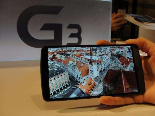 LG Electronic's new G3 flagship smartphones are on display at a presser in San Francisco on May 27, 2014