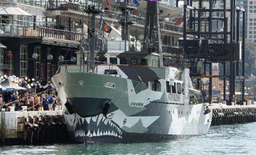 Sea Shepherd's ship the 'Sam Simon', seen moored at Circular Quay in Sydney, on August 31, 2013
