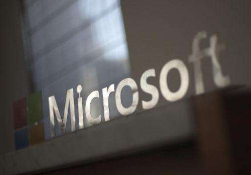 The Microsoft logo is seen at a media event in San Francisco, California on March 27, 2014