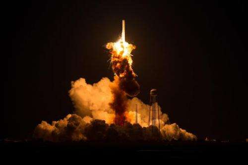 The Orbital Sciences Corporation Antares rocket explodes moments after launch on October 28, 2014, at NASA's Wallops Flight Faci