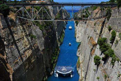 The world's largest solar-powered boat, &quot;MS Turanor PlanetSolar&quot; sails through the Corinth Canal near the town of Cori
