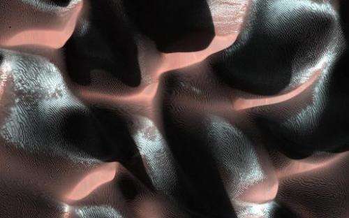 This NASA image obtained March 13, 2014 shows a sand dune field in a Southern highlands crater on Mars
