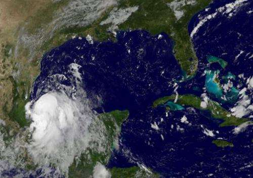 This September 2, 2014 NASA GOES satellite image shows Tropical Storm Dolly in the Gulf of Mexico