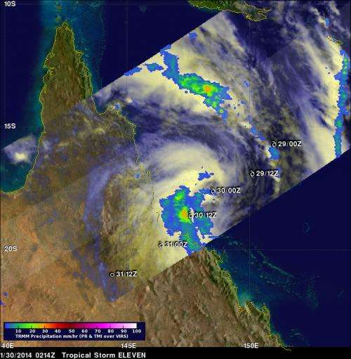 TRMM satellite sees Tropical Storm Dylan make landfall in Queensland