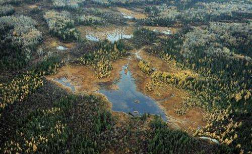 Aerial view of a lake and forests in Alberta Province, Canada on October 23, 2009