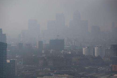 A photo taken on April 2, 2014 shows air pollution hanging in the air and lowering visibility in London