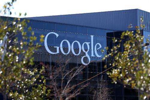 A sign is posted on the exterior of Google headquarters on January 30, 2014 in Mountain View, California