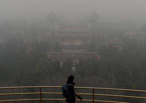 A tourist stands at the top of Jingshan Hill beside the Forbidden City as heavy air pollution continues to shroud Beijing on Feb