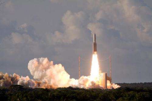 File photo shows an Ariane-5 rocket carrying two telecommunication satellites Eutelsat 25B/ Es’hail1 (France/Qatar) and GSAT-7 (