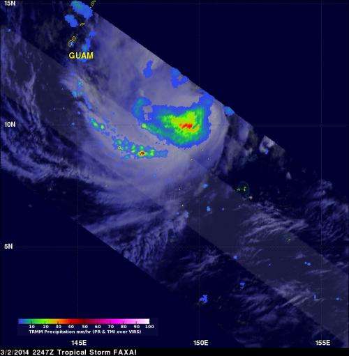 NASA's TRMM satellite sees some towering thunderstorms around Faxai's center