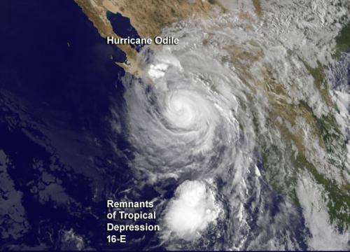 Satellite sees Tropical Depression 16-E remnants scooped by Hurricane Odile