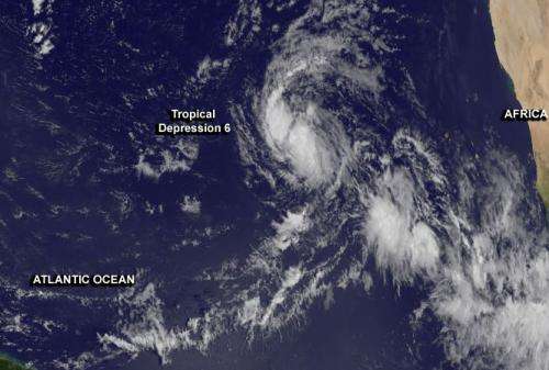 Satellite view of newborn Atlantic Tropical Depression 6