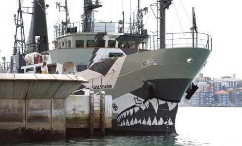 Sea Shepherd's ship the 'Sam Simon' is seen moored at Circular Quay in Sydney, on August 31, 2013