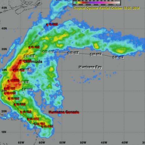 TRMM Satellite calculates Hurricanes Fay and Gonzalo rainfall
