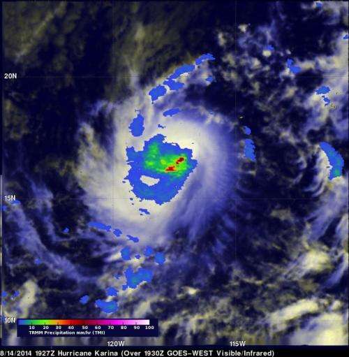 NASA sees Tropical Storm Karina get a boost