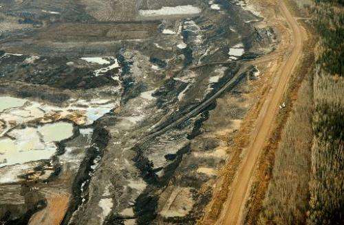 An aerial view of an oil sands mine near the town of Fort McMurray in Alberta Province, Canada on October 23, 2009