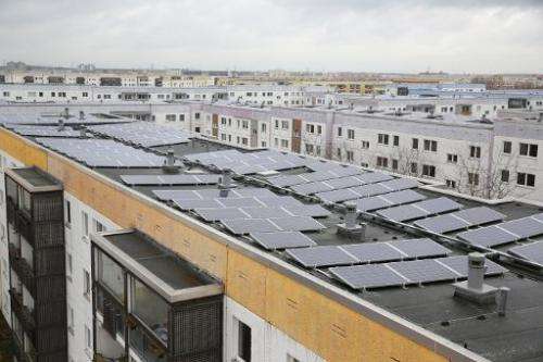 This file photo shows a roof-top solar power project in Berlin, Lichtenberg's 'Yellow Quarter' district, pictured on March 19, 2