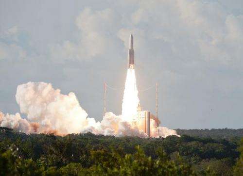 This handout picture taken on August 29, 2013, in Kourou, in the French overseas department of Guiana, shows the Ariane 5 rocket