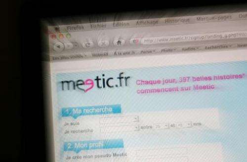 This picture taken on February 9, 2010 in Paris shows the Internet homepage of the dating agency website Meetic
