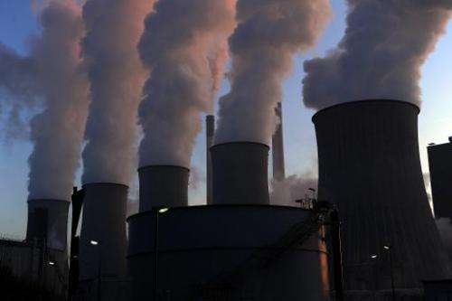 Cooling towers of the coal-fired power plant of Scholven in Gelsenkirchen, western Germany, are pictured on January 16, 2012