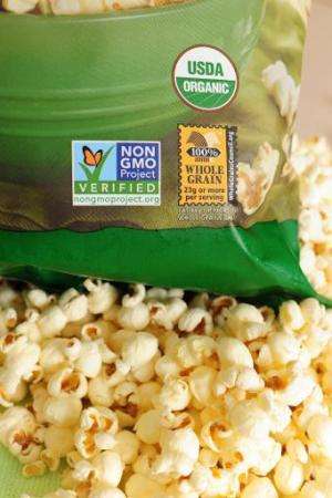 File photo of a label on a bag of popcorn indicating it is a non-GMO (genetically modified organism) food product in Los Angeles