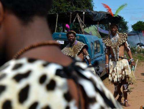 Members of the Shembe Church (Nazareth Baptist Church), a traditionalist Zulu church, seen while on their way to  church in Durb