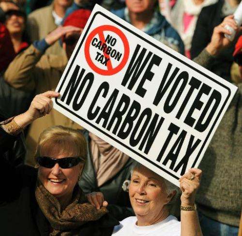 Protesters hold a placard during a no carbon tax rally in Sydney on July 1, 2012